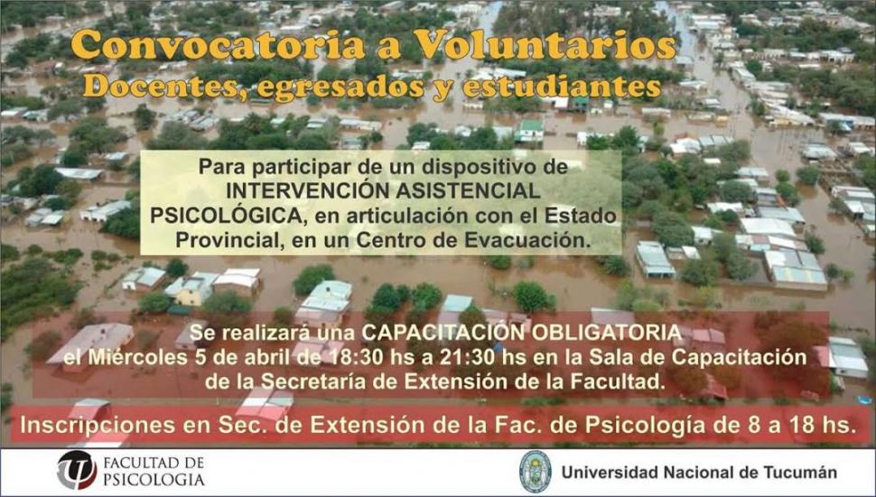 Psicología convoca a voluntarios para asistir a los afectados por las inundaciones